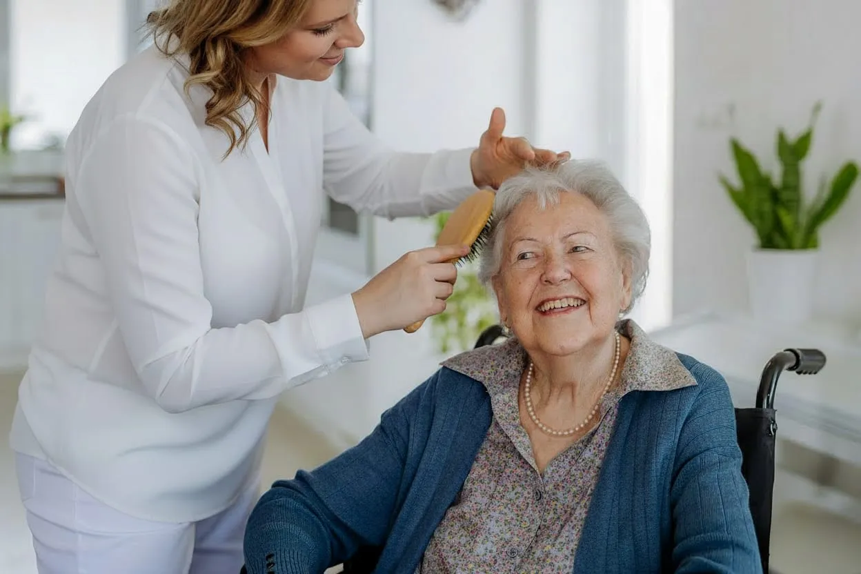 A caregiver brushing an older woman's hair