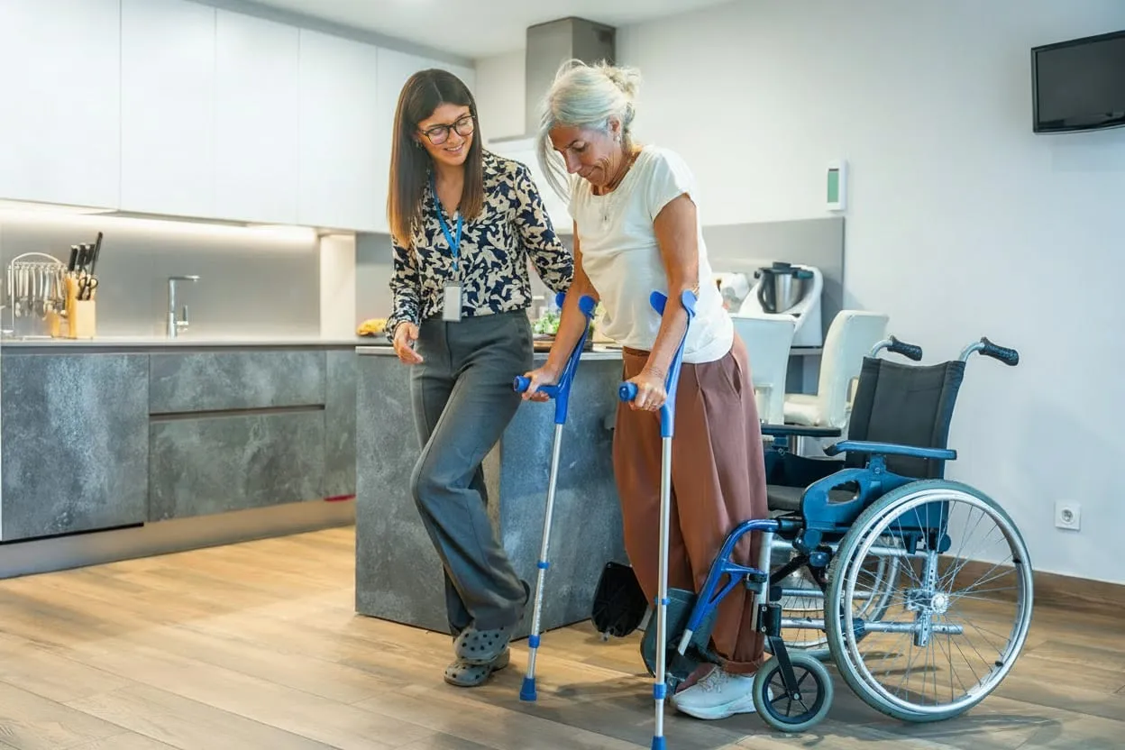 A caregiver helping an older adult recover at home